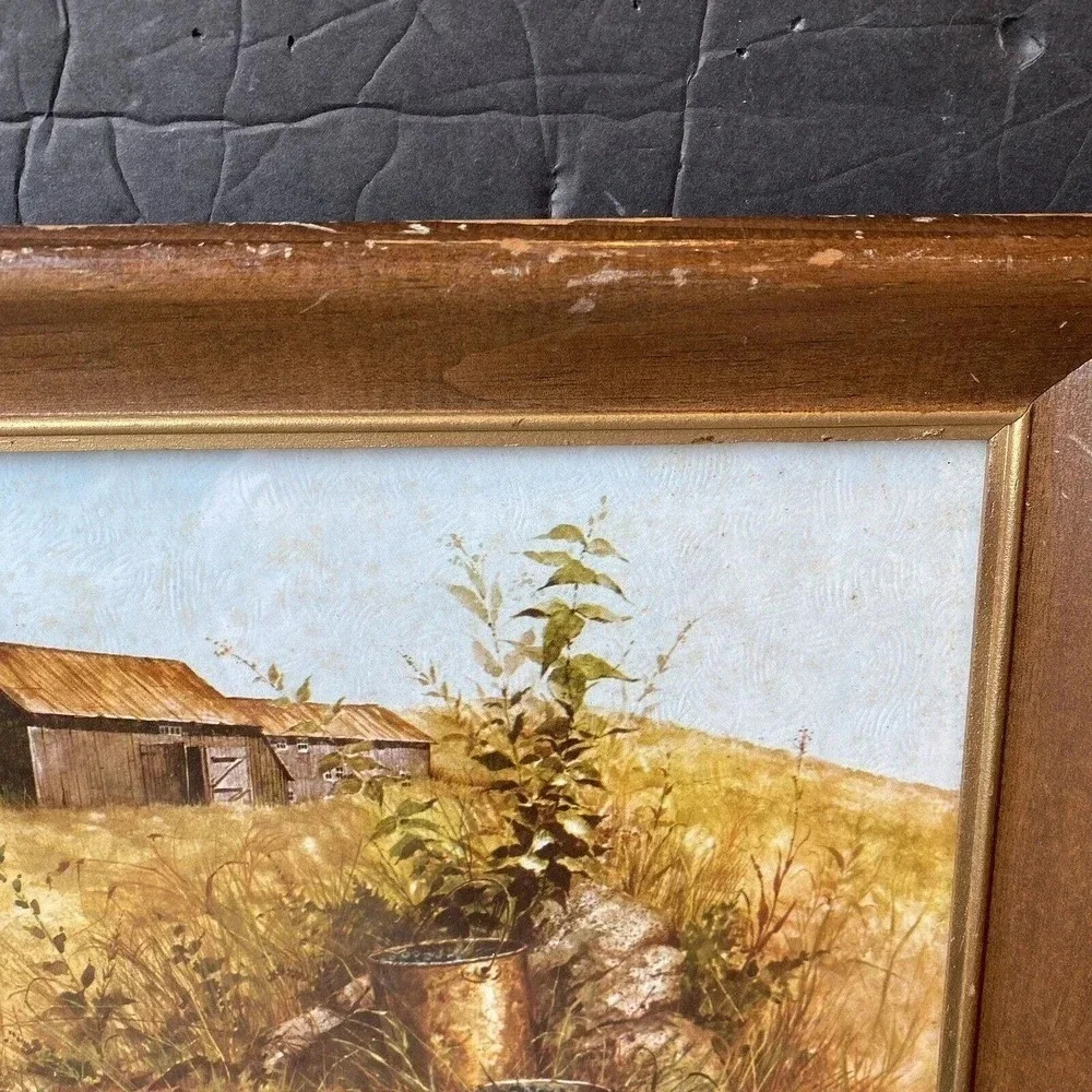 VTG Art Frame Filed Farm House Blueberry Bucket Print Water Color Hand Painted - Picture 5 of 6